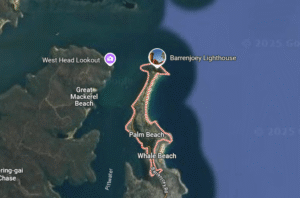 Satellite map showing the Barrenjoey Lighthouse on a peninsula, with marked walking paths leading to Palm Beach and Whale Beach, near West Head Lookout and Great Mackerel Beach in Australia. Explore scenic trails around iconic Palm Beach.