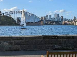 View of Sydney Opera House, Harbour Bridge, and the city skyline from Mrs. Macquarie's Chair, perfect for Seeing the Sunset from Mrs. Macquarie's Chair. Credit by Google Maps