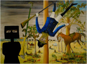 Sidney Nolan's iconic artwork, depicting a figure in a blue outfit hanging from a tree in the Nolan Gallery collection