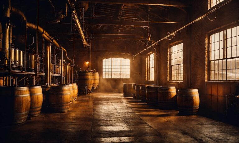 Inside a Cascade Brewery with barrels, industrial machinery, and soft sunlight illuminating the brewing area