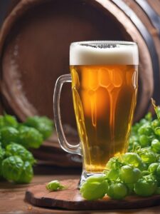 A glass of golden beer with hops, set against the backdrop of a Cascade Brewery barrel for a refreshing experience
