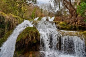 Water cascading over rocks in a lush landscape near Cascade Brewery, symbolizing purity and natural ingredients
